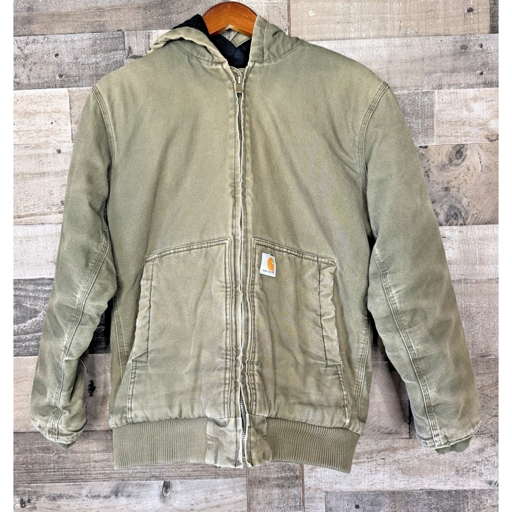 Carhartt Jacket RN 13706 Green Duck Canvas Quilted Hooded Youth  XL 18 20